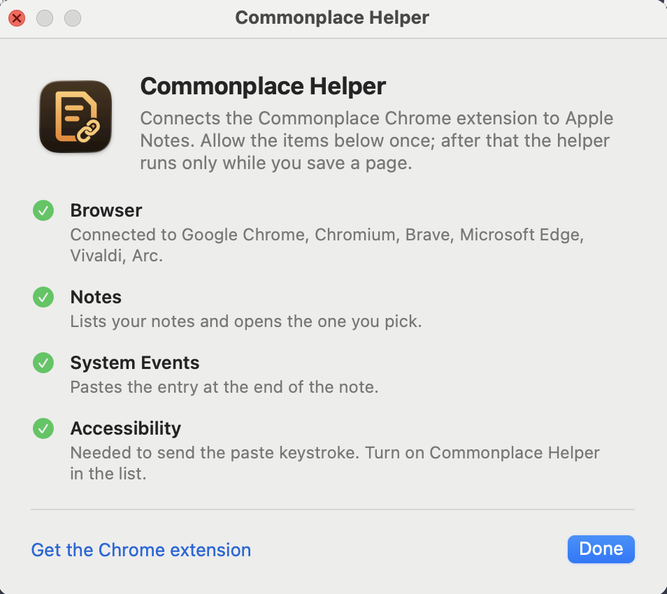 The Commonplace Helper window, with green checks next to Browser (connected to Google Chrome and other browsers), Notes, System Events and Accessibility