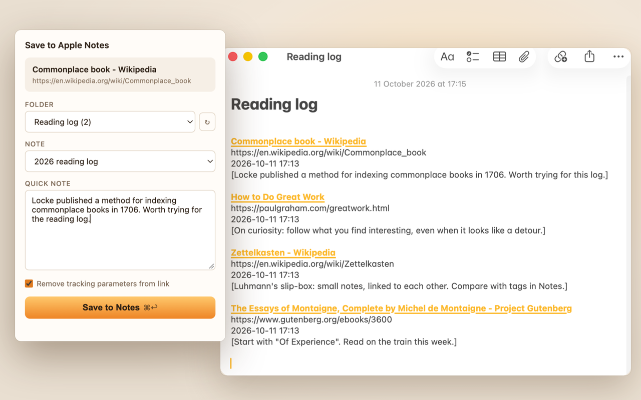 The Commonplace popup, with a Wikipedia page's title, a folder and note picked and a comment typed in, in front of an Apple Notes note called Reading log that lists four saved links, each with its address, date and comment