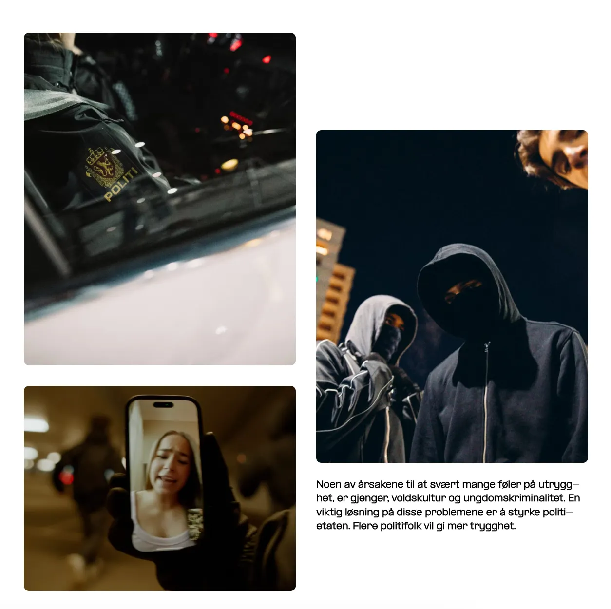 Screenshot from the Progress Party’s 2025 campaign platform’s section on “Safety”—note the dog-whistle, ethnicized, urban youths depicted on the right-hand side, portrayed as the source of criminal insecurity.