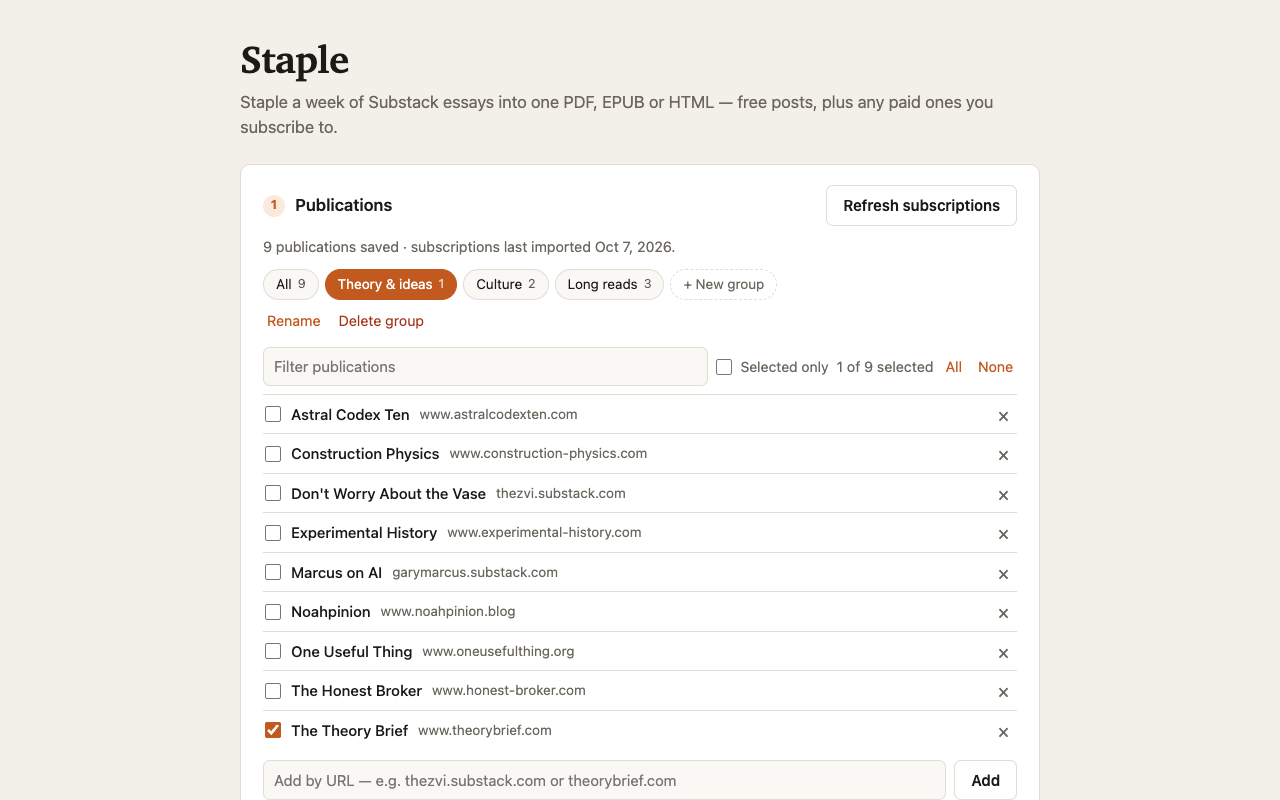 Staple's Publications step: groups named All, AI & economics, Culture and Long reads above a list of Substack publications with checkboxes, and a field to add one by URL