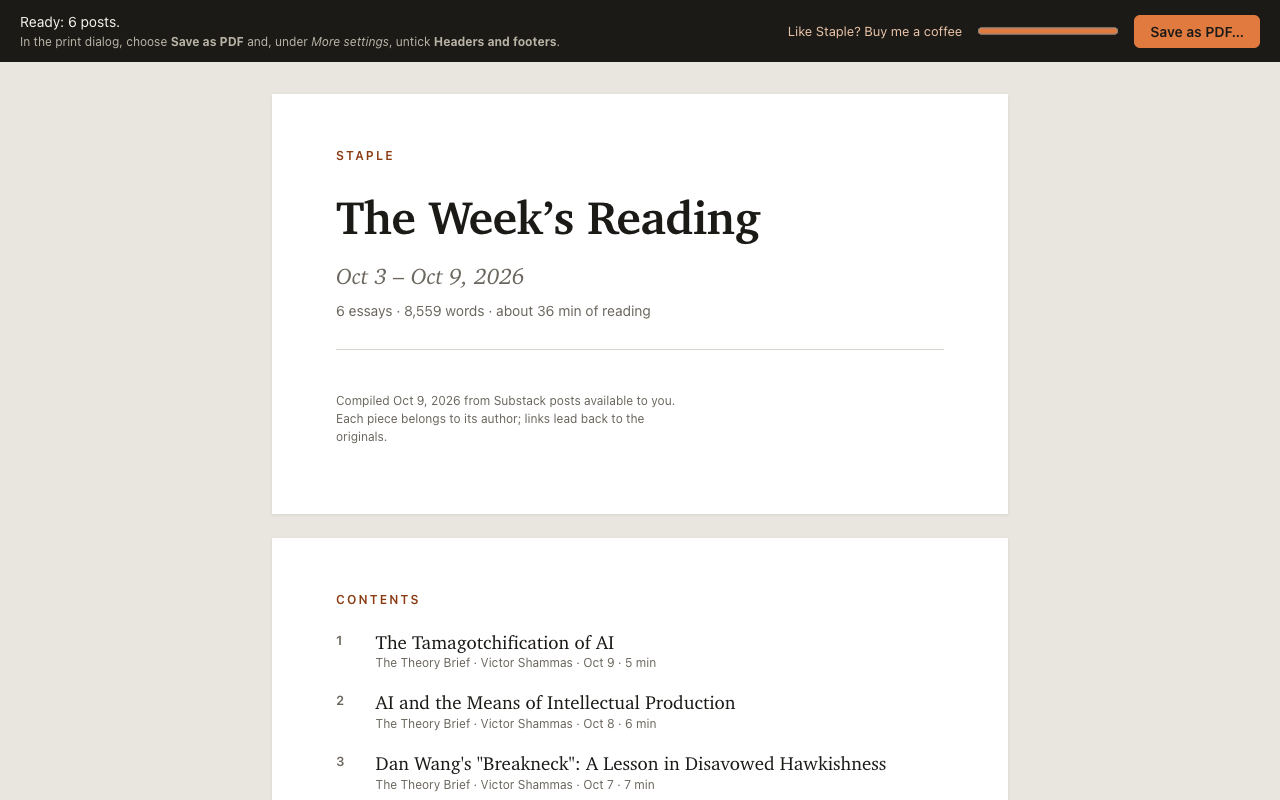 A book made by Staple: the cover reads “The Week’s Reading, Oct 3 – Oct 9, 2026”, followed by a contents page listing three essays